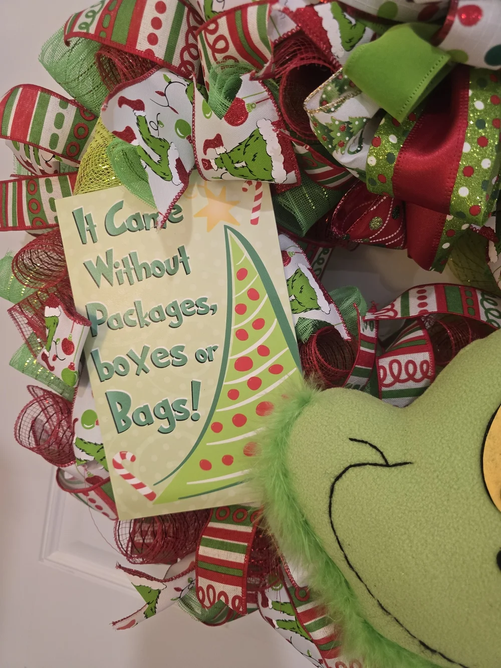 Grinch Holiday Ribbon Wreath with Plush Face Monster Christmas